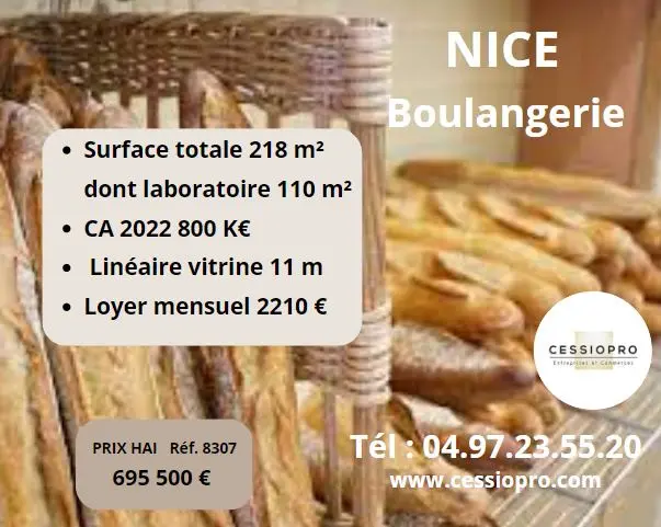 BOULANGERIE PATÎSSERIE SANDWICHERIE A NICE  CA 2022 = 800 000€