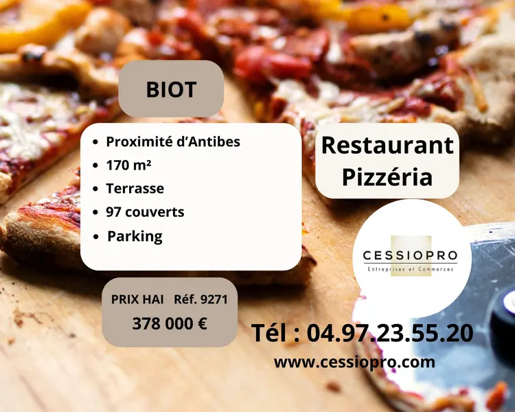 Restaurant, pizzeria à BIOT, proximité d'Antibes, parking, état neuf